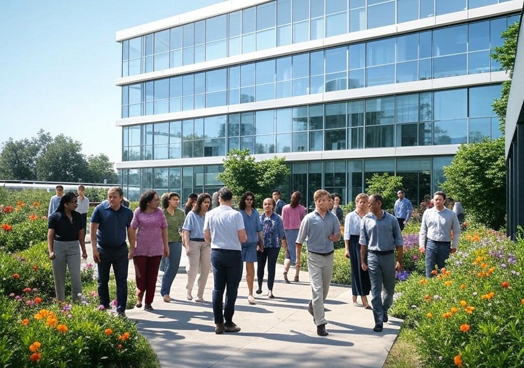 A group of people walking outside a modern glass office building with a landscaped garden, symbolizing travel, business, or corporate movement and discussing how to avoid 5 costly travel insurance mistakes.