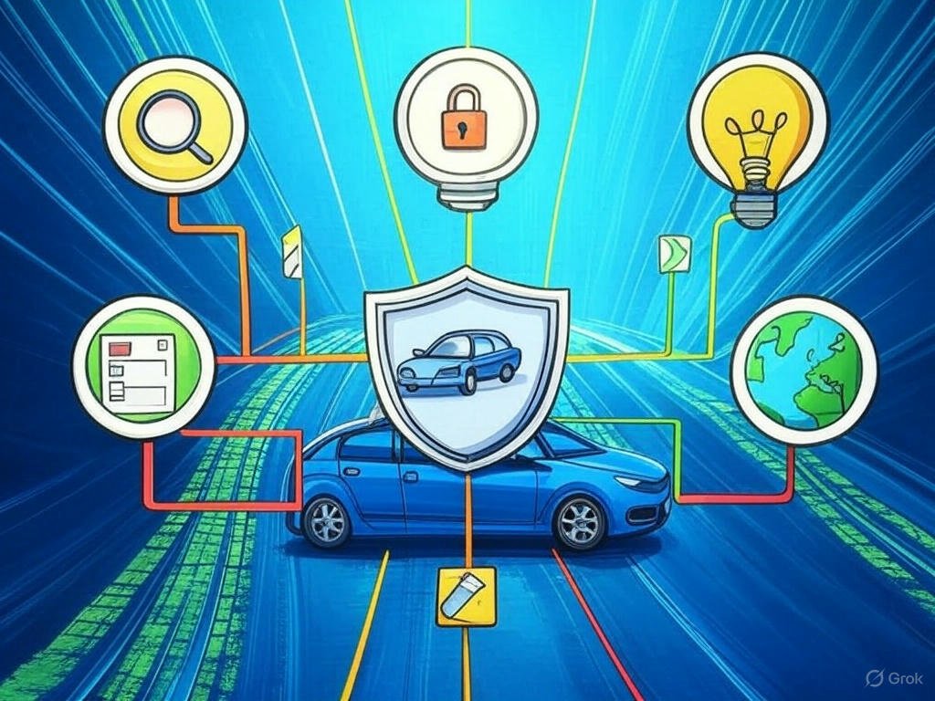 5 Proven Strategies to Secure the Best Car Insurance Premiums Without Compromise infographic with a car, shield, and colorful icons on a blue-green abstract background