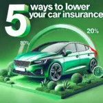 High-resolution landscape graphic displaying a stylish car in matching colors on a green background with bold text reading '5 Ways to Lower Your Car Insurance' for an eye-catching and informative design