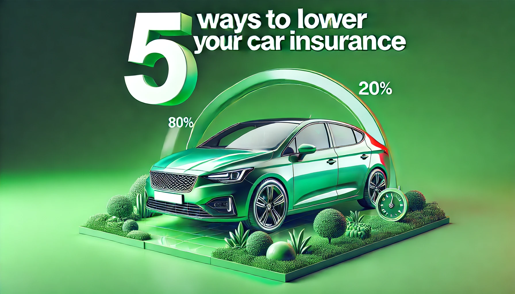 High-resolution landscape graphic displaying a stylish car in matching colors on a green background with bold text reading '5 Ways to Lower Your Car Insurance' for an eye-catching and informative design