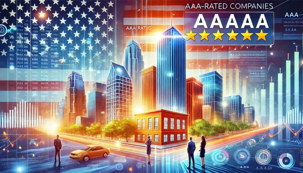 A high-resolution, colorful digital illustration in landscape format depicting AAA-rated companies in the US, featuring a vibrant city skyline, corporate skyscrapers labeled with 'AAA Rating,' professionals in suits, financial charts, and a golden shield symbolizing financial strength and stability, with the American flag subtly in the background.