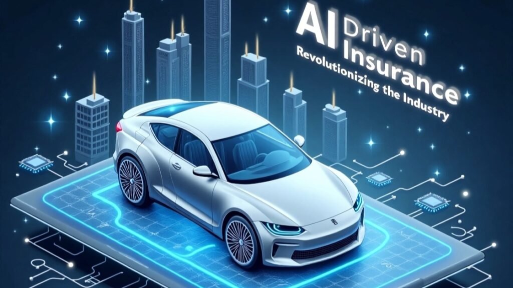 A futuristic silver car on a glowing digital platform, with skyscrapers and circuit-like connections in the background, symbolizing- How AI Is Revolutionizing Car Insurance?