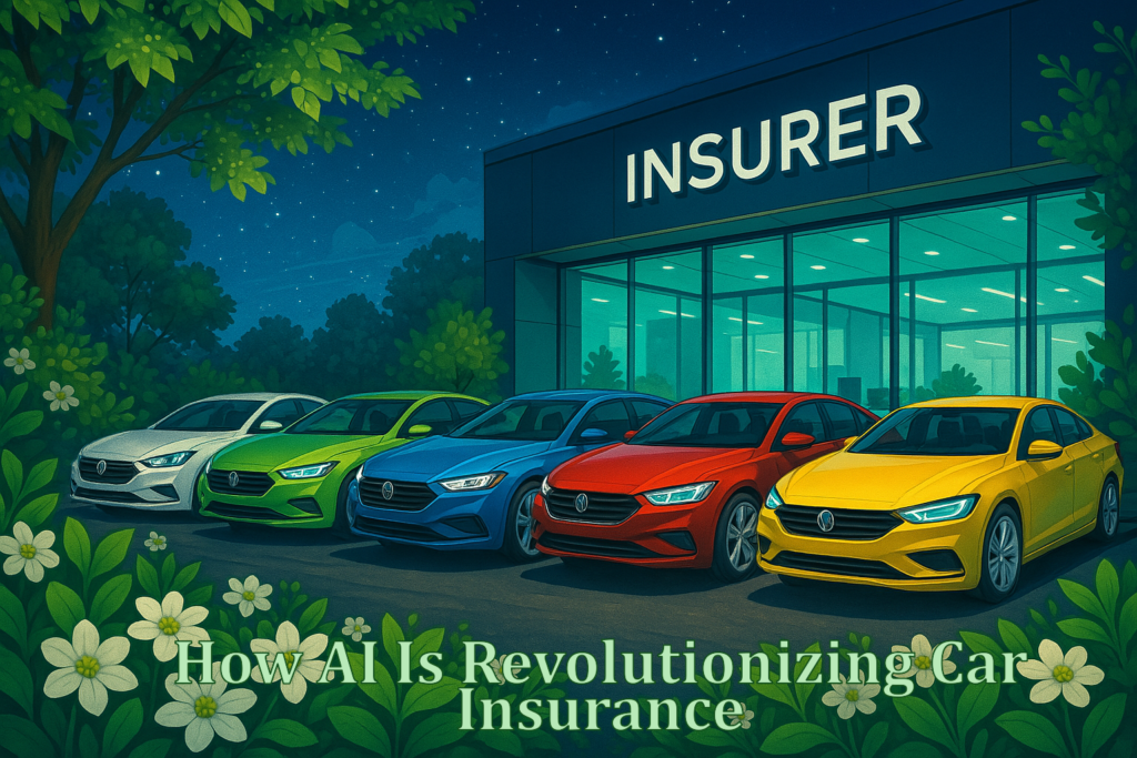 A nighttime scene featuring five sleek cars (white, green, blue, red, and yellow) parked outside a modern insurer's office, surrounded by lush greenery and white flowers under a starry sky signifying how AI revolutionizing Car Insurance.
