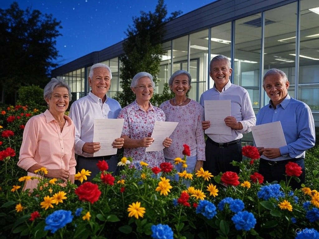 Group of smiling seniors holding policy documents outside a modern insurer’s office, surrounded by red and blue roses, yellow daisies, green leaves, and a starry sky, ideal for affordable life insurance for seniors over 70