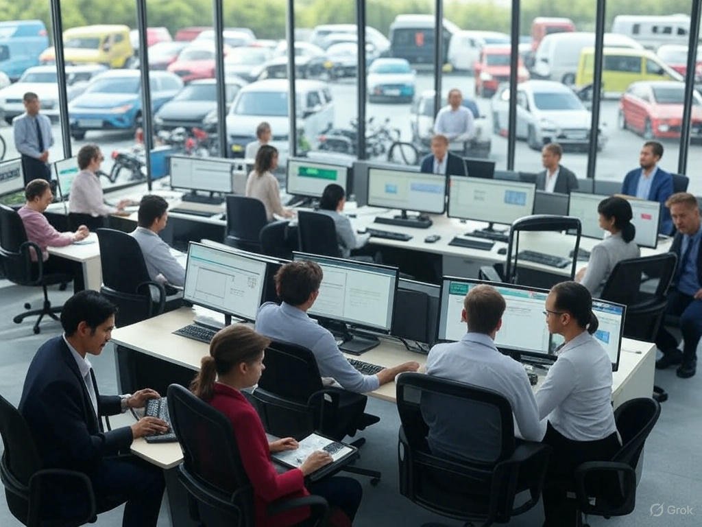 Auto Insurance Quotes - Office Team Reviewing Quotes with Vehicles Outside