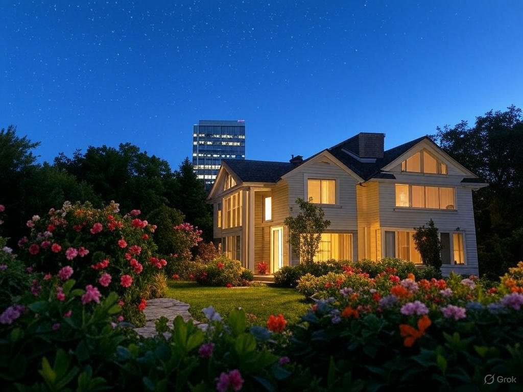 Best home insurance for natural disasters protecting a cozy home surrounded by green leaves, colorful flowers, and stars, with an insurer office glowing in the background.