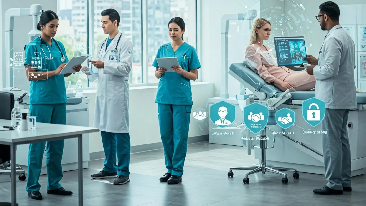 A modern healthcare clinic scene. Several medical professionals, are interacting with a patient. Overlaid on the scene are digital icons representing concepts like data protection, collaboration, and patient care, suggesting the integration of AI within the clinic. The overall tone is professional and also exploring the possibilities for the Best Insurance for AI-Powered Healthcare Clinics.
