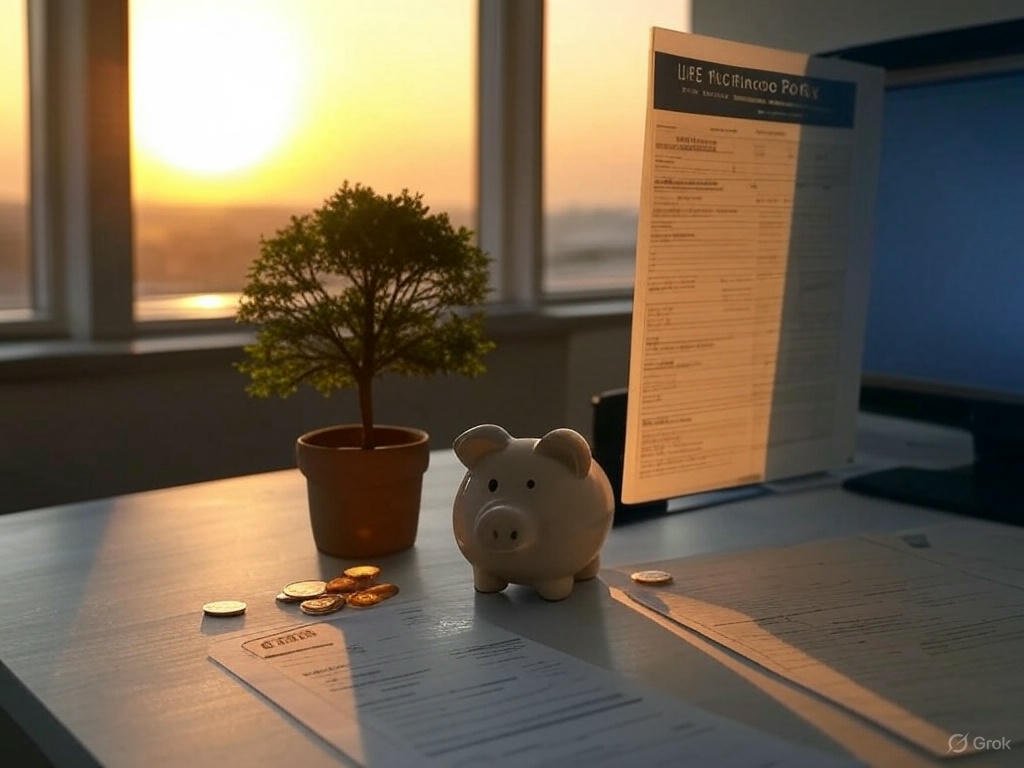 How life insurance secures your future and brings peace of mind on a financial planner’s desk with a policy, piggy bank, tree, and dawn sky in the background