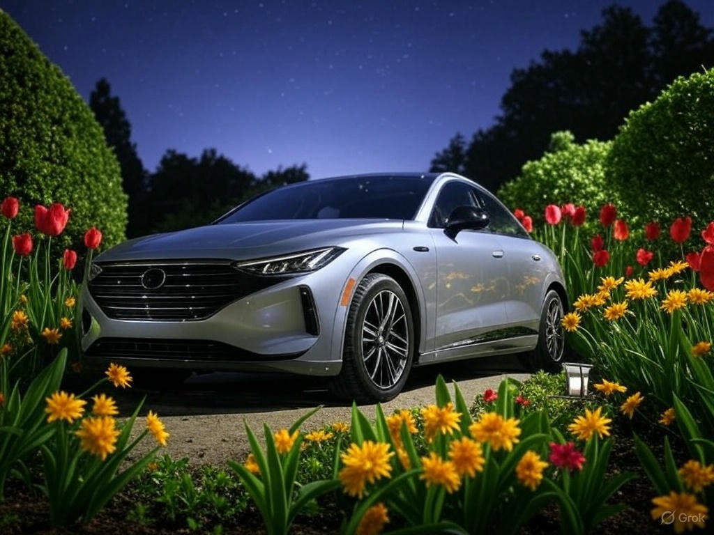 A sleek silver car is parked on a path in a lush garden, surrounded by vibrant red tulips, yellow daisies, and green foliage. The starry night sky twinkles above, casting a magical glow over the scene. A subtle light emanates around the car, symbolizing protection and insurance coverage.