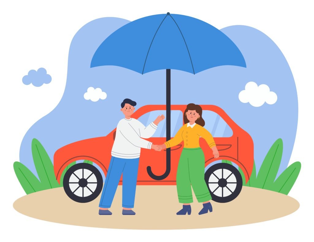 An illustration of two people shaking hands in front of a red car under a large blue umbrella, symbolizing car insurance protection, with green grass and a blue sky in the background