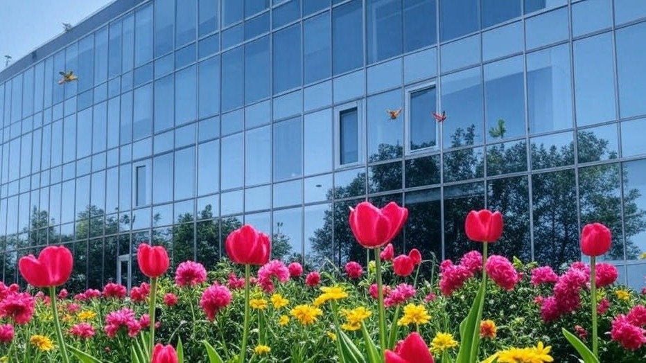 A modern insurance Office building reflecting trees and sky, with vibrant tulips and flowers in the foreground where Cash Value and Living Benefits: Extra Perks are Explained.