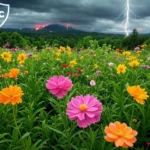 A vibrant field of colorful flowers, including pink, orange, and yellow blooms, set against a backdrop of lush green hills and a dramatic stormy sky with lightning and volcanic activity in the distance.