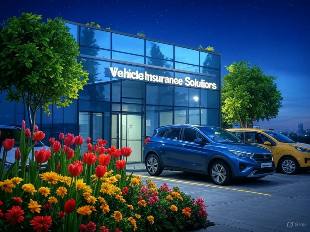 Modern insurer office with green leaves, colorful flowers, and stars, showcasing vehicle insurance solutions with three parked cars in red, blue, and yellow