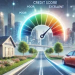 A high-resolution landscape image depicting the relationship between credit scores and insurance premiums. The scene features a modern city skyline with a road leading to an insurance office and a financial institution. A credit score gauge is subtly blended into the sky, transitioning from poor to excellent. In the foreground, a car and a house symbolize auto and home insurance. The image conveys financial responsibility and stability.