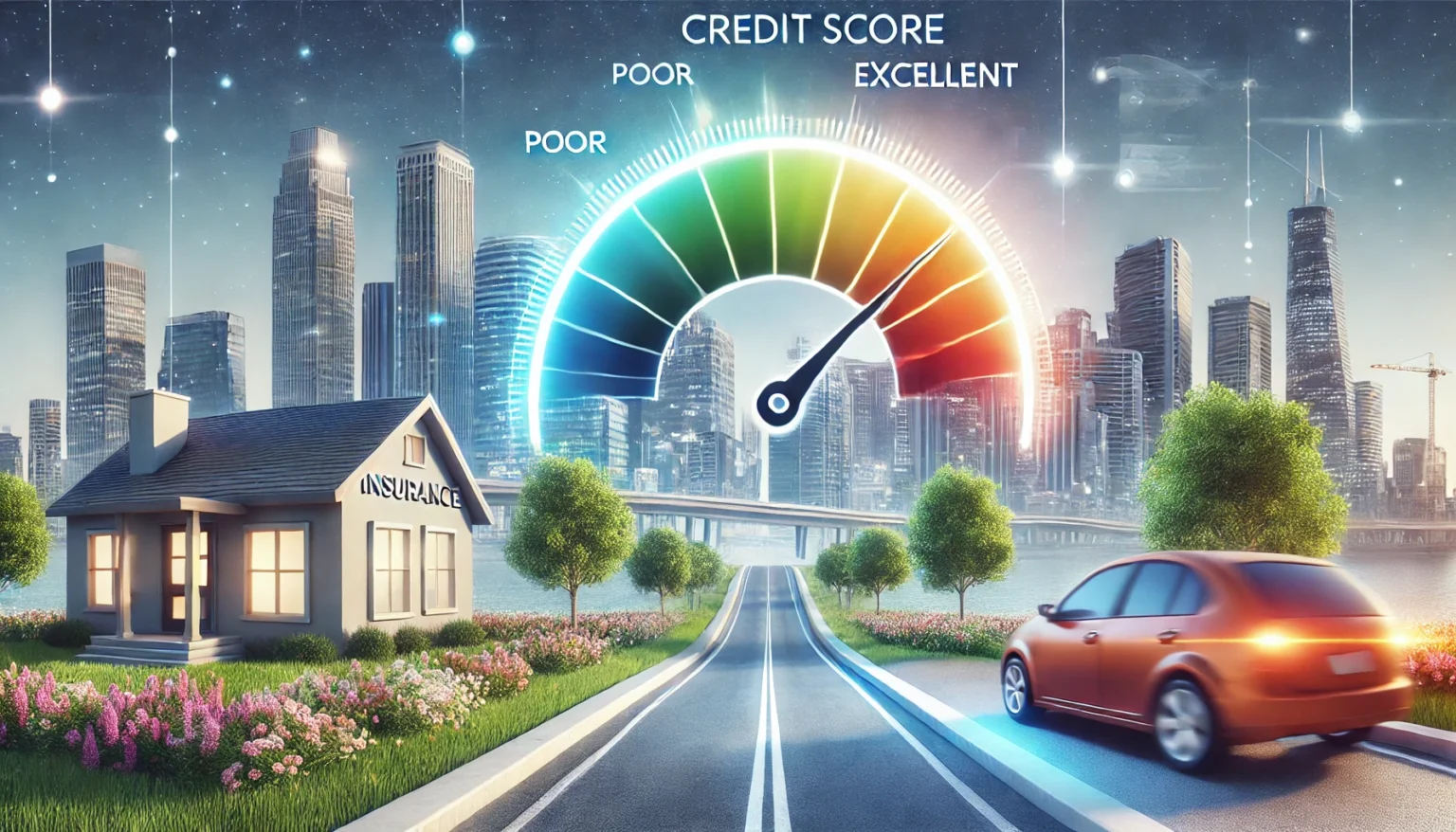 A digital illustration of a credit score gauge ranging from 'Poor' to 'Excellent,' with a car on a road leading from a house labeled 'Insurance' to a city skyline under a starry sky.