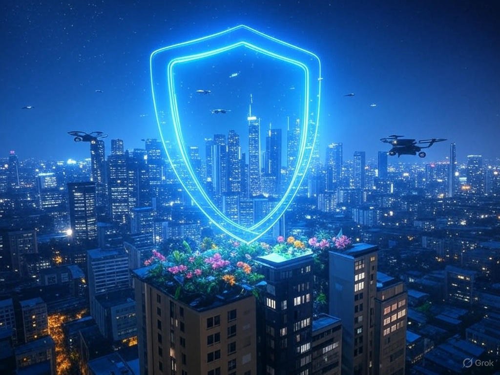 Cyber insurance shields a futuristic cityscape with hovering drones, green leaves, and colorful flowers under a starry night, symbolizing protection against digital threats