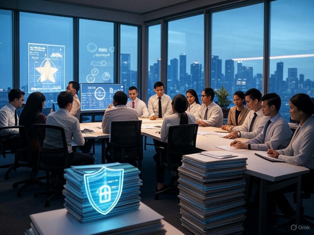 A vibrant digital illustration of a modern insurance office with floor-to-ceiling windows showcasing a futuristic city skyline at dusk. A diverse team of underwriters collaborates around a conference table, reviewing documents. A large screen displays a glowing star-shaped chart of risk assessment metrics, while a holographic shield symbolizing protection hovers over a stack of policy files. The atmosphere is professional and innovative, with warm lighting, potted plants, and a clean, tech-forward design