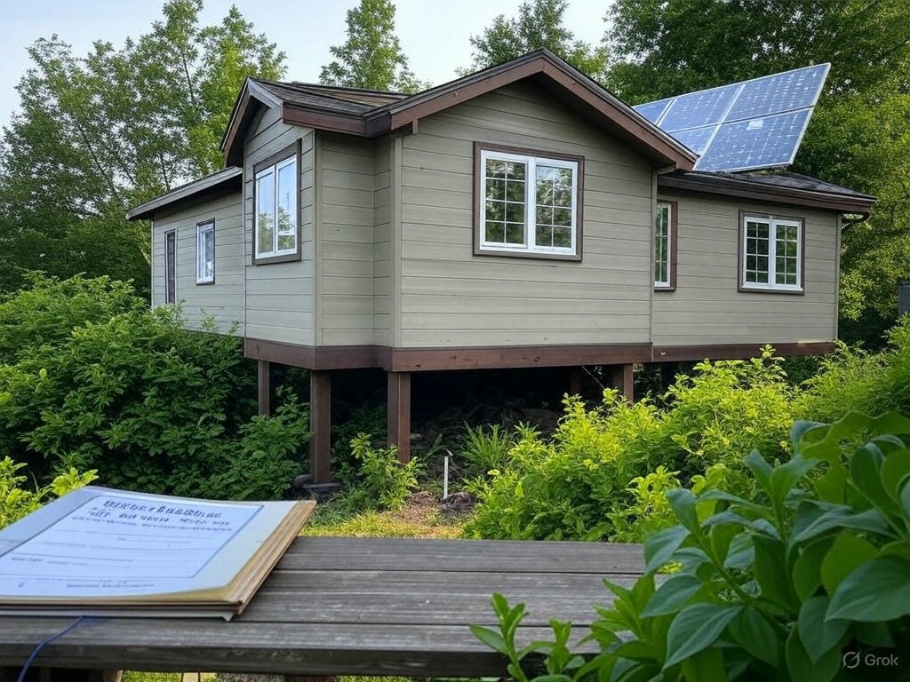 Best home insurance for natural disasters paired with a future-proof home featuring reinforced windows, an elevated foundation, solar panels, and an insurance policy on a table.