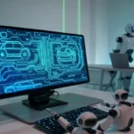 AI in insurance dashboard with car icon, robots, and laptop on table for claims processing