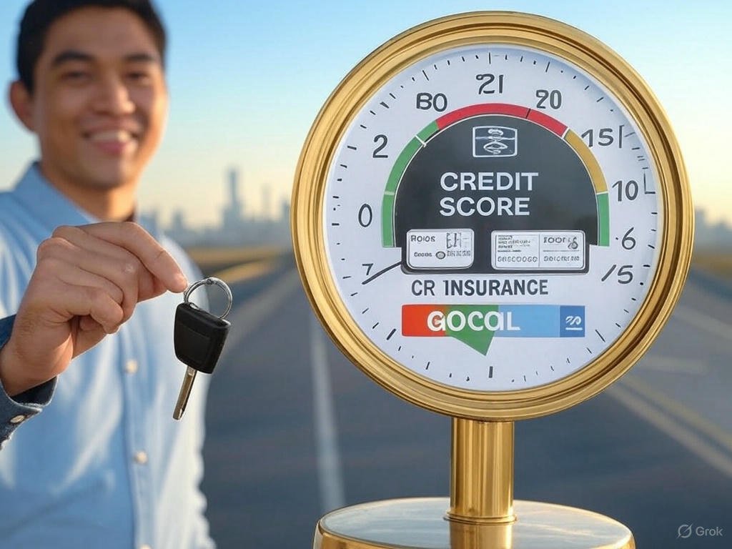 A person holding car keys in front of a golden-framed credit score gauge labeled 'CR Insurance' with a green section marked 'Good,' set against a road leading to a city skyline under a clear blue sky.