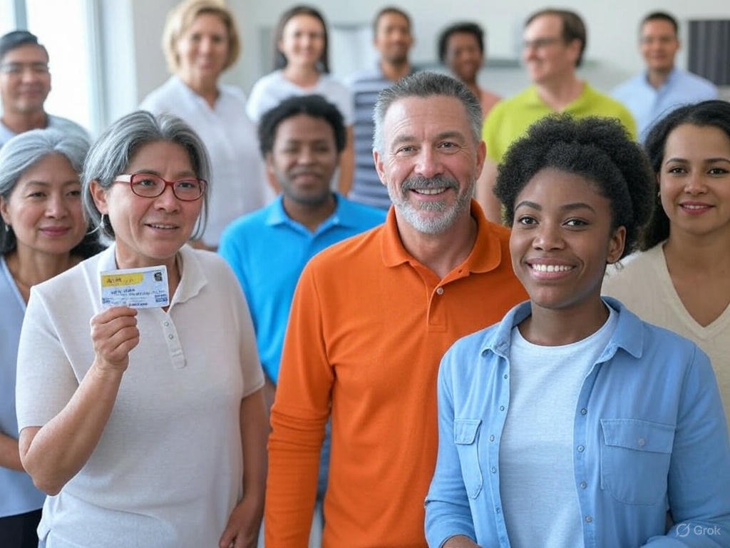 A diverse group of people smiling in an office with health insurance plan, one holding a health insurance card, symbolizing the future of health insurance trends with a professional backdrop