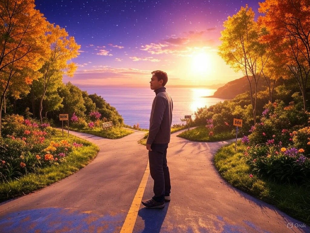A person stands at a crossroads with paths labeled "HMO" and "PPO," symbolizing various options for health insurance plans, surrounded by vibrant green leaves, colorful flowers, a blue ocean, and a starry sky during golden hour.