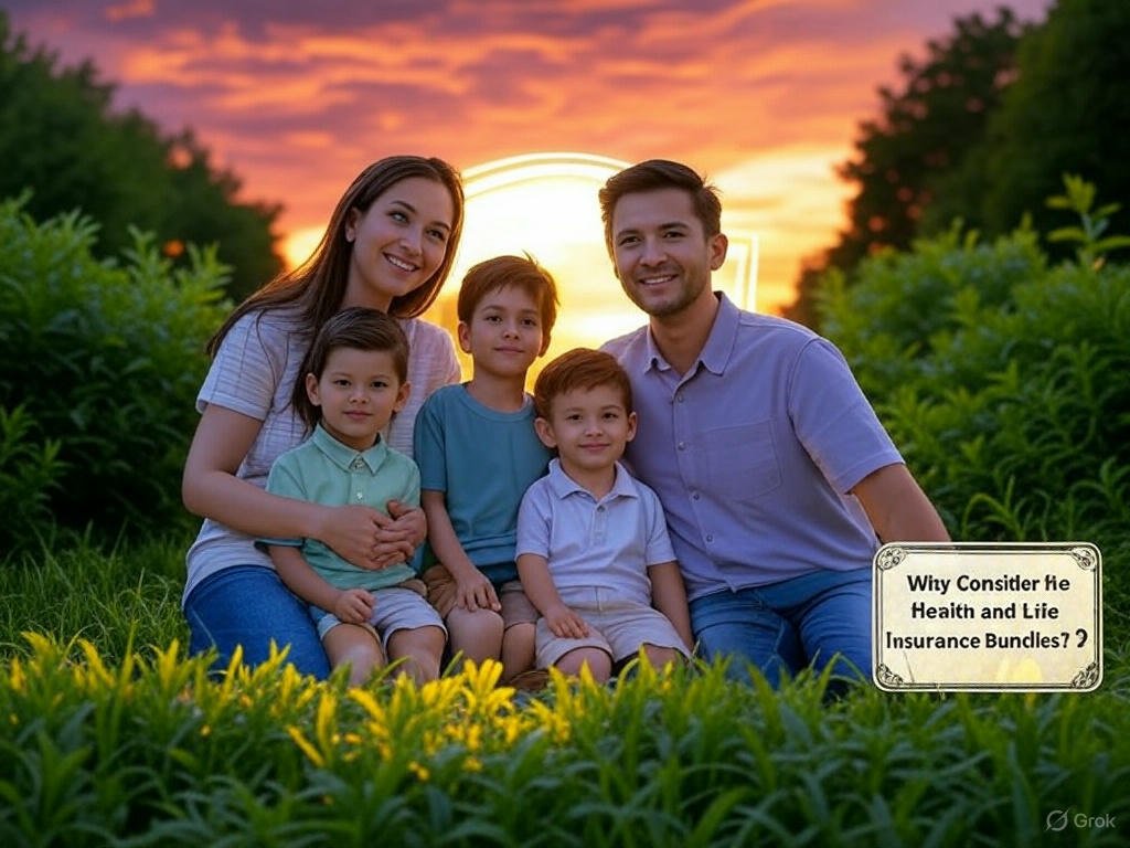 Health and life insurance bundles represented by a family in a garden with green leaves and yellow flowers at sunset.