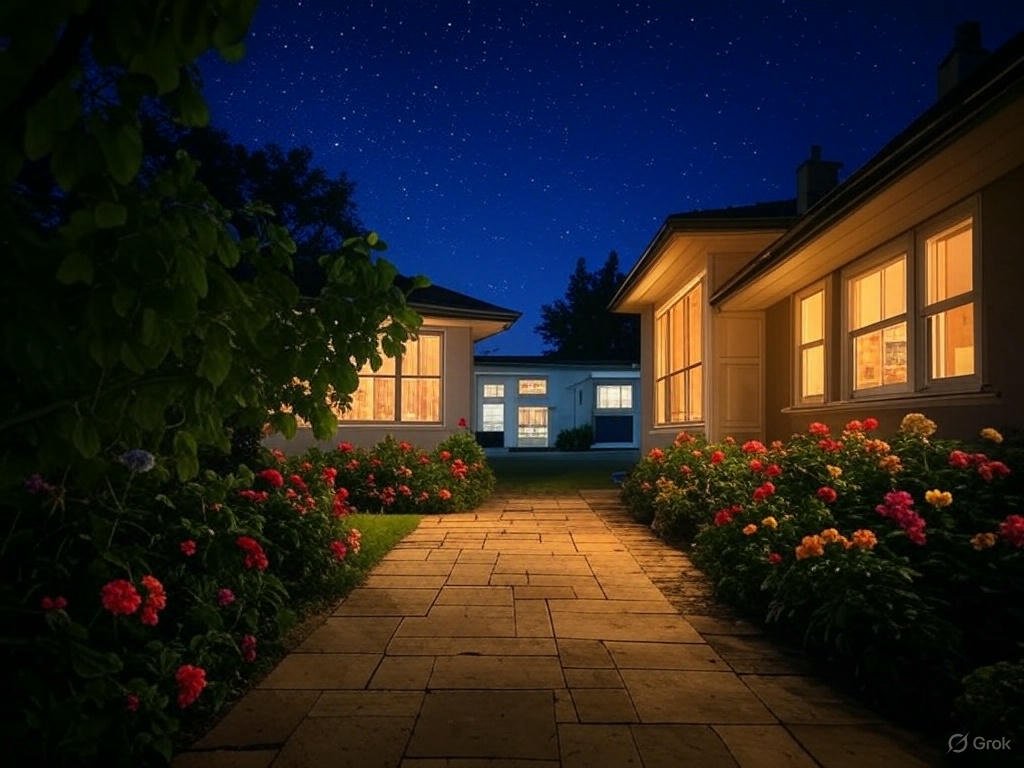 Best home insurance for natural disasters tailored to location, with a cozy home surrounded by green leaves, colorful flowers, and stars, near a glowing insurer office.
