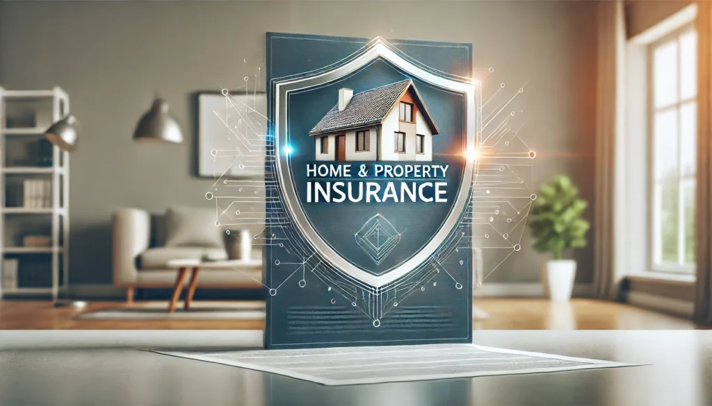 A digital representation of home and property insurance featuring a shield with a house icon and the text 'Home & Property Insurance' in bold. The background showcases a modern living room with warm lighting, symbolizing security and financial protection