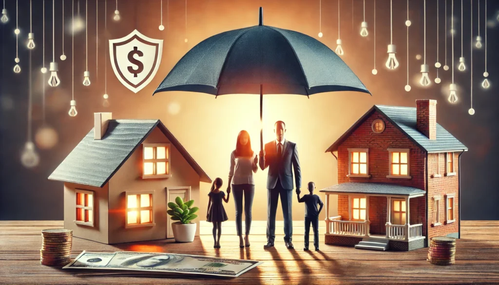 Family with Houses Under Umbrella and Financial Shield.