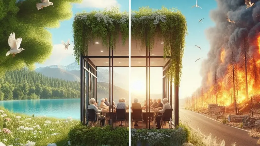 A split-scene illustration showing a secure insurance office in nature on one side along with climate devastations and how climate change threatens retirement savings crisis.