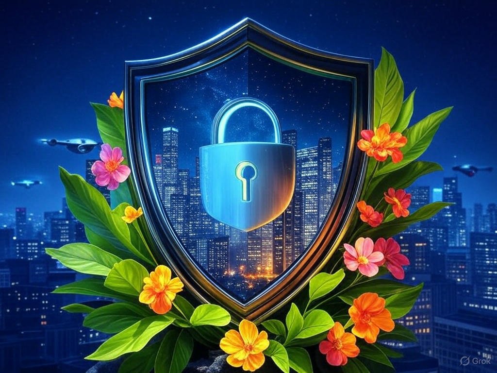 Cyber insurance depicted as a digital shield with a lock protecting a cityscape under a starry night, with hovering drones, green leaves, and colorful flowers