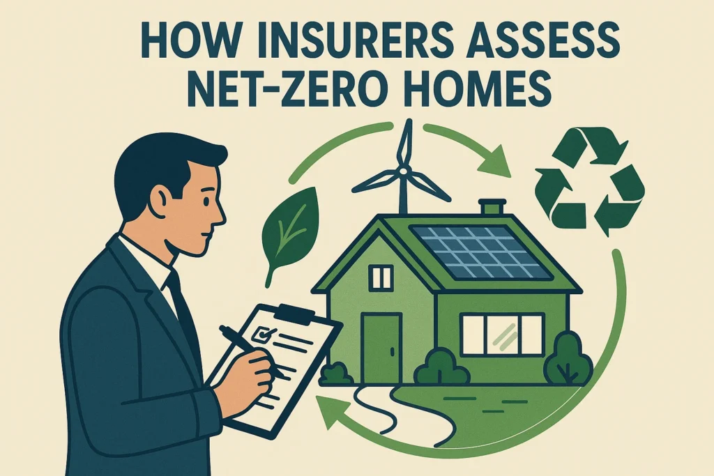 An insurance assessor evaluating a net-zero home with solar panels, eco-icons, and a clipboard in hand.