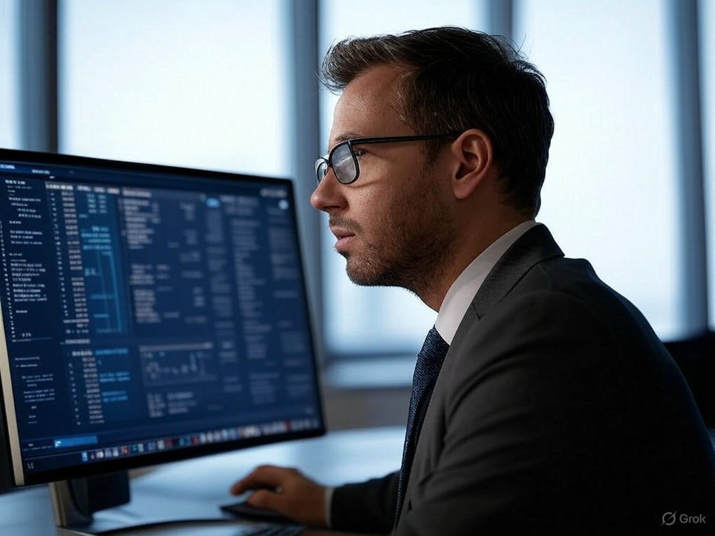 A person in a suit works at a computer in a modern office, with a futuristic cityscape visible through the window, illustrating the concept of insurers benefiting from AI.