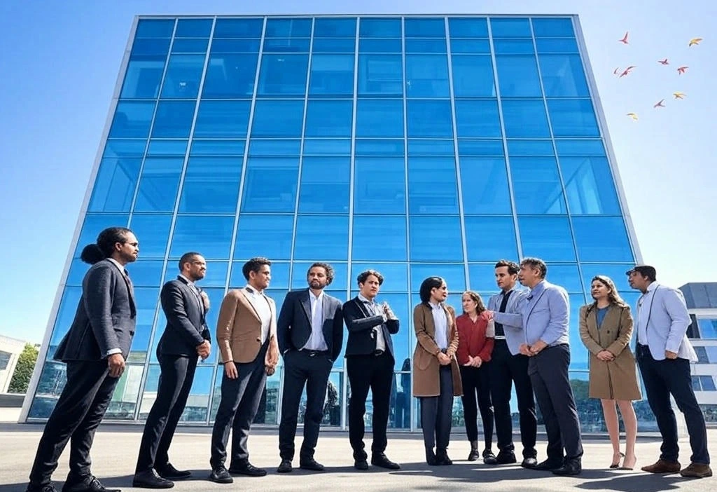Professionals discussing how are premiums determined outside a modern insurer office with a glass facade and colorful birds.
