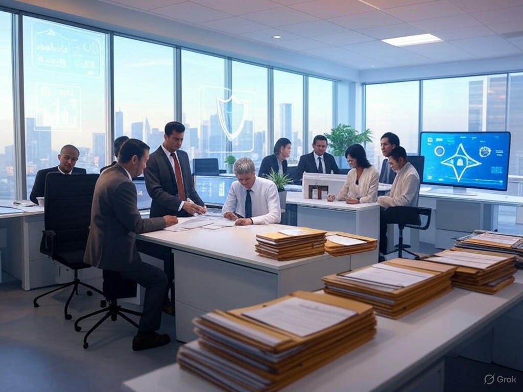 A vibrant digital illustration of a modern insurance office with floor-to-ceiling windows revealing a city skyline. A diverse team of underwriters collaborates at desks with stacks of policy files, while a large screen displays a star-shaped chart of risk assessment metrics. A holographic shield symbolizing protection is subtly visible on the window, and potted plants add a touch of greenery. The atmosphere is professional and tech-forward, with warm lighting and a clean design.