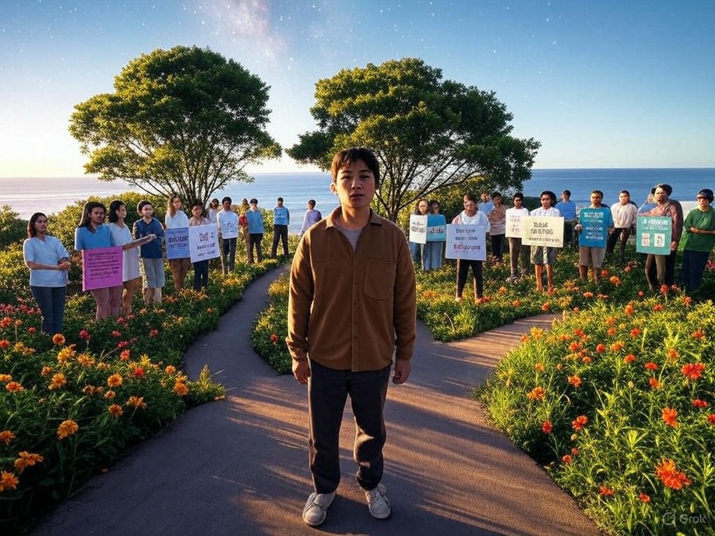 A person stands at a crossroads with a group holding health insurance plan signs, surrounded by colorful flowers, green trees, a blue ocean, and a starry sky, symbolizing the journey to choose the right health insurance plan