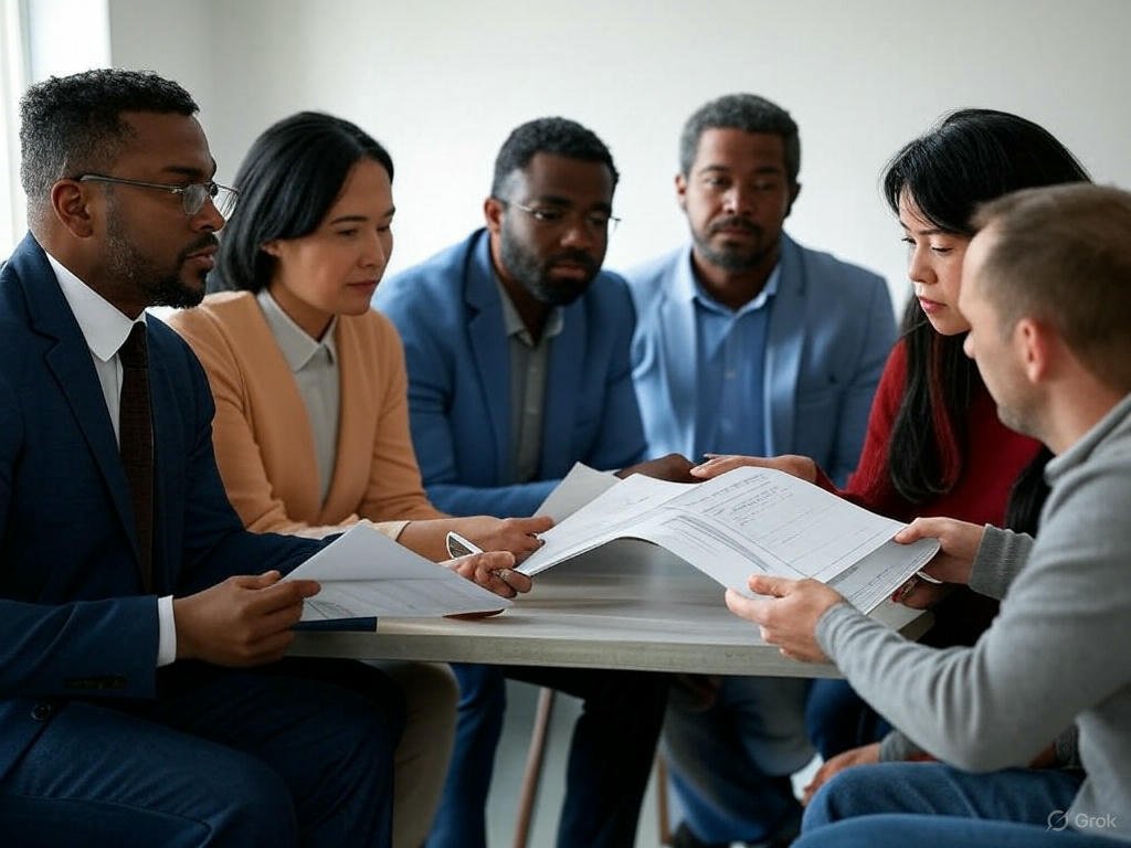 Group of people comparing vehicle insurance quotes on laptops and documents, with a clean gradient background and insurance icons