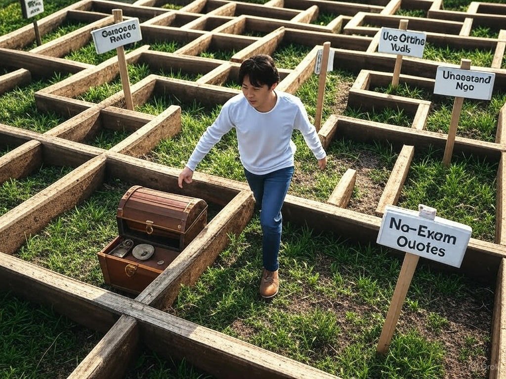 Person navigating a maze labeled "No-Exam Quotes" with signposts like "Compare Rates" and "Use Online Tools," reaching a treasure chest labeled "Best Deals."
