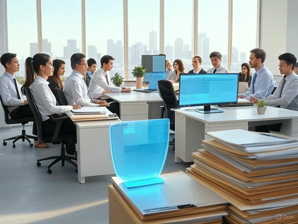 A vibrant digital illustration of a modern insurance office with floor-to-ceiling windows showcasing a city skyline. A diverse team of underwriters works at sleek desks adorned with green plants and colorful flowers. A computer screen displays a glowing star-shaped chart of risk assessment metrics. In the foreground, a holographic shield hovers above a stack of policy files, surrounded by digital icons like graphs, locks, and checkmarks, symbolizing protection and innovation.
