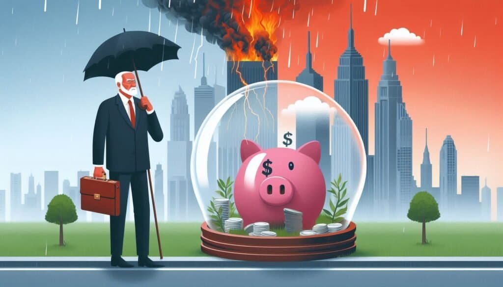 Senior citizen in a suit case staring and looking at the climate disasters conceptual image that may threaten his retirement security.