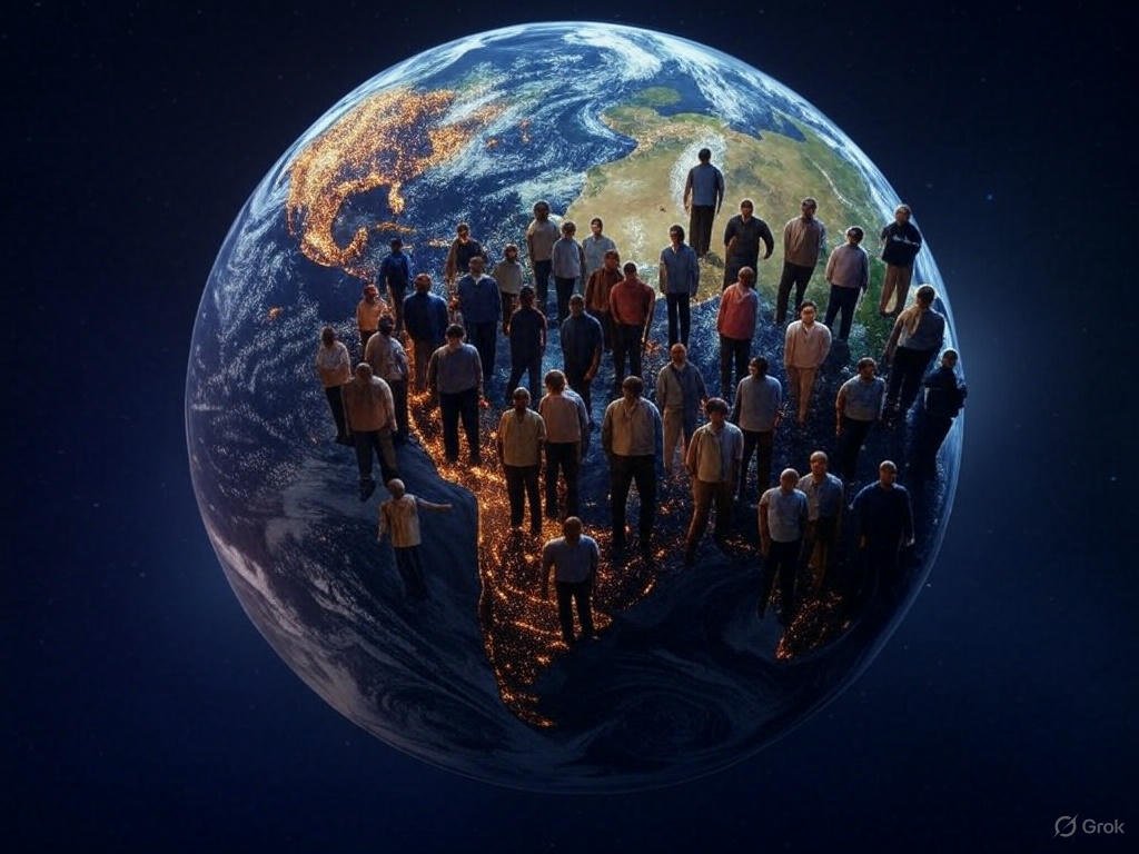 Lessons from real disasters worldwide shown by a globe with people standing on it, symbolizing global resilience and recovery efforts under a starry sky for natural disasters and insurance.
