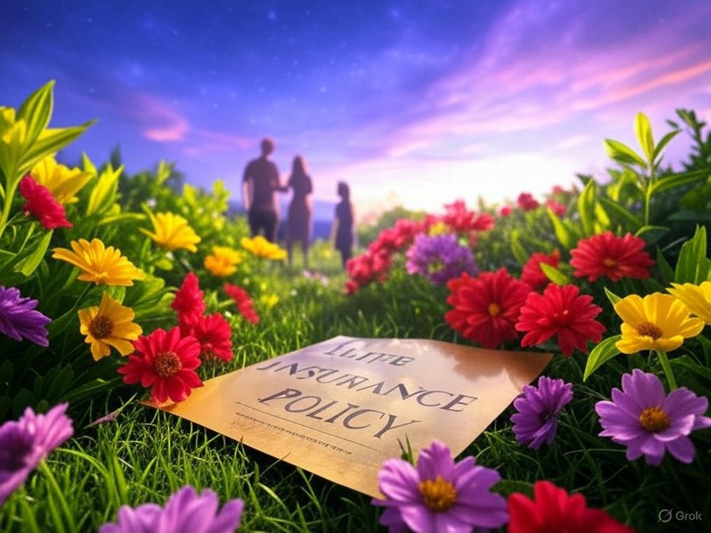 How life insurance secures your future and brings peace of mind with a glowing policy in a garden of green leaves, colorful flowers, and a starry dawn sky