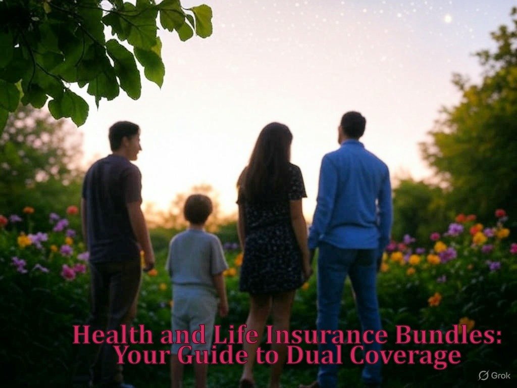 Health and life insurance bundles symbolized by a family in a garden with green leaves and colorful flowers at sunse