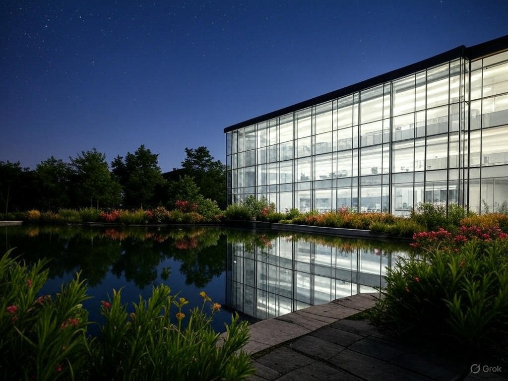 Natural disasters and insurance symbolized by a sleek insurer office with glass walls aglow, reflecting in a pond, surrounded by green leaves, vibrant flowers, and a starry sky.