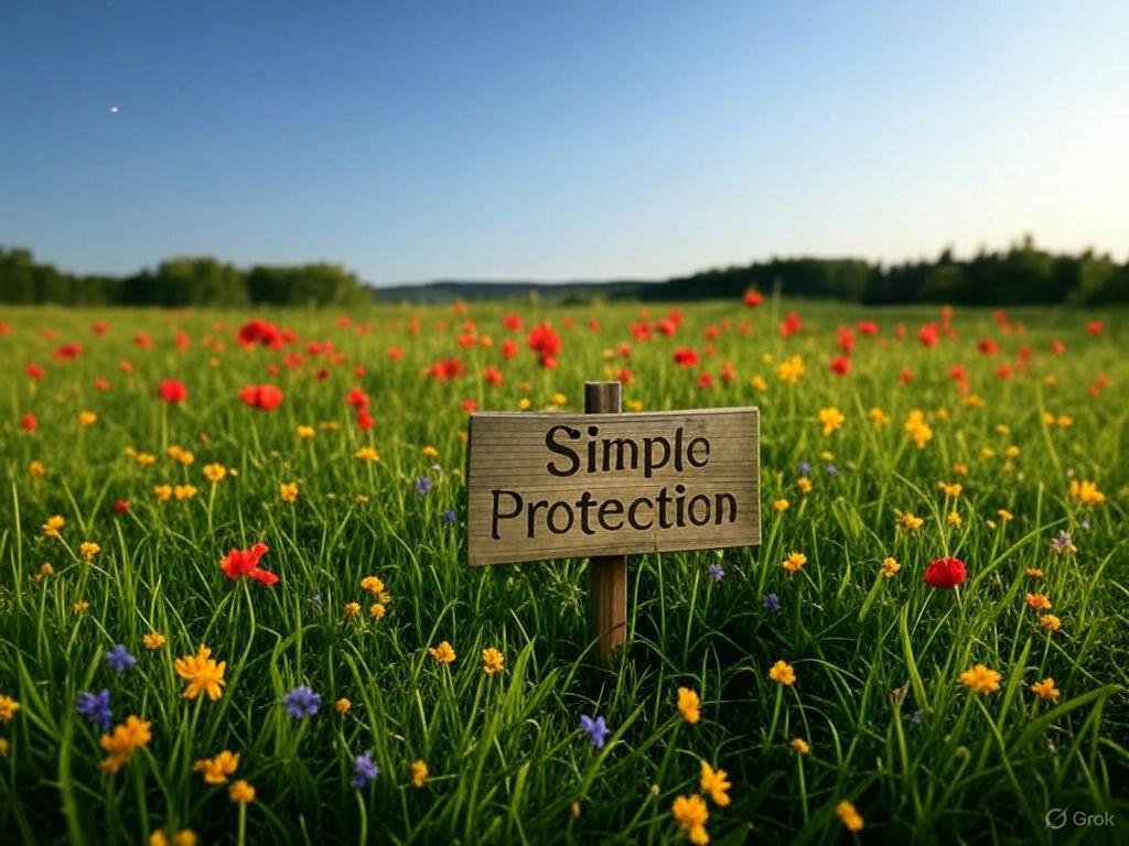 No-exam life insurance quotes made simple in a vibrant meadow with green grass, red, yellow, and purple flowers, stars in a blue sky, and a "Simple Protection" sign