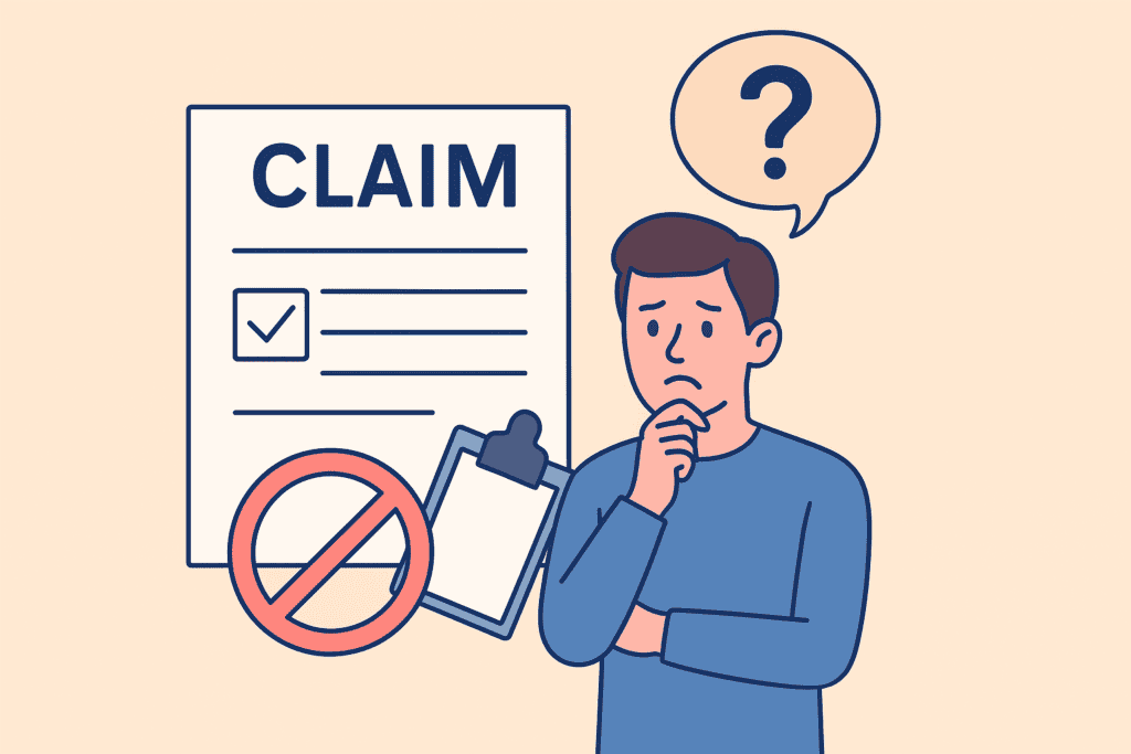 A concerned young man in a light blue sweater stands thoughtfully with his hand on his chin, looking at a clipboard labeled "CLAIM" with a checkmark, while a question mark hovers above his head
