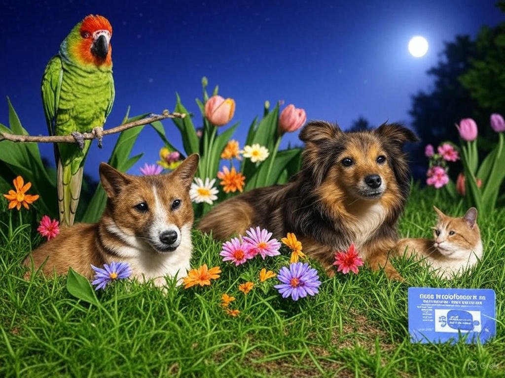 A parrot, two dogs, and a cat relax on grass surrounded by green leaves and colorful flowers like tulips and daisies under a starry sky, with a glowing pet insurance policy graphic in the corner