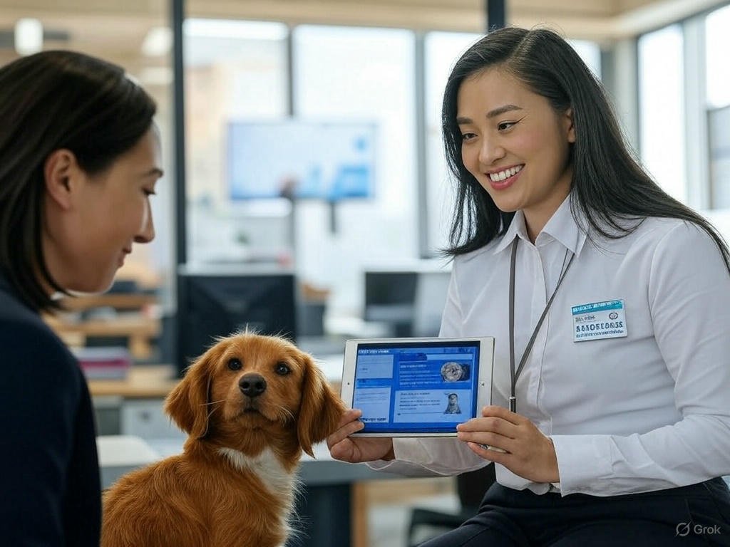 A pet insurance agent shows a tablet with coverage options to a pet owner, with a happy dog looking on in a modern office setting