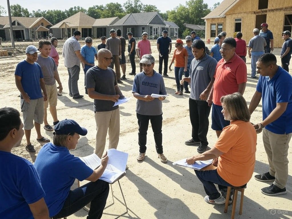 How insurance rebuilds communities shown by residents and insurance agents collaborating at a construction site, reviewing plans to reconstruct homes after a disaster.